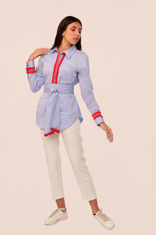 Blue Shirt with Red Embroidery