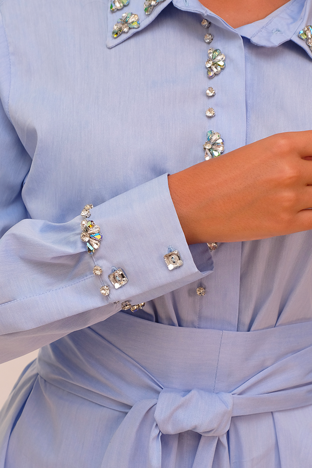 Embellished Sky-Blue Cinch Waist Blouse