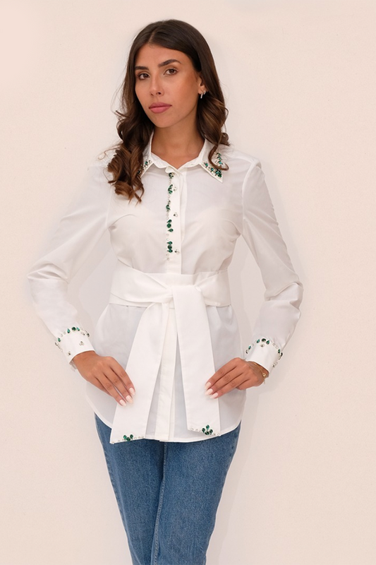 White Shirt with Green Crystals