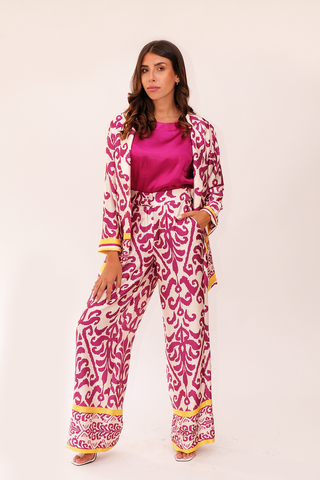 Fuchsia and Ivory Printed Trouser Suit with Coordinating Top