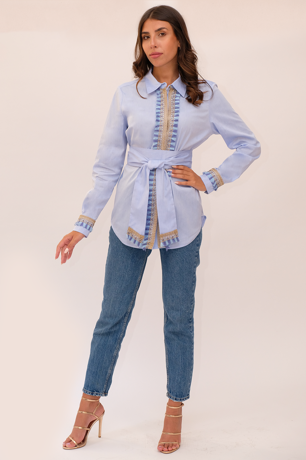 Powder Blue Trim-Detailed Waist-Tie Blouse