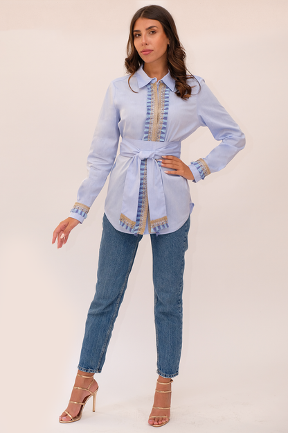 Powder Blue Trim-Detailed Waist-Tie Blouse