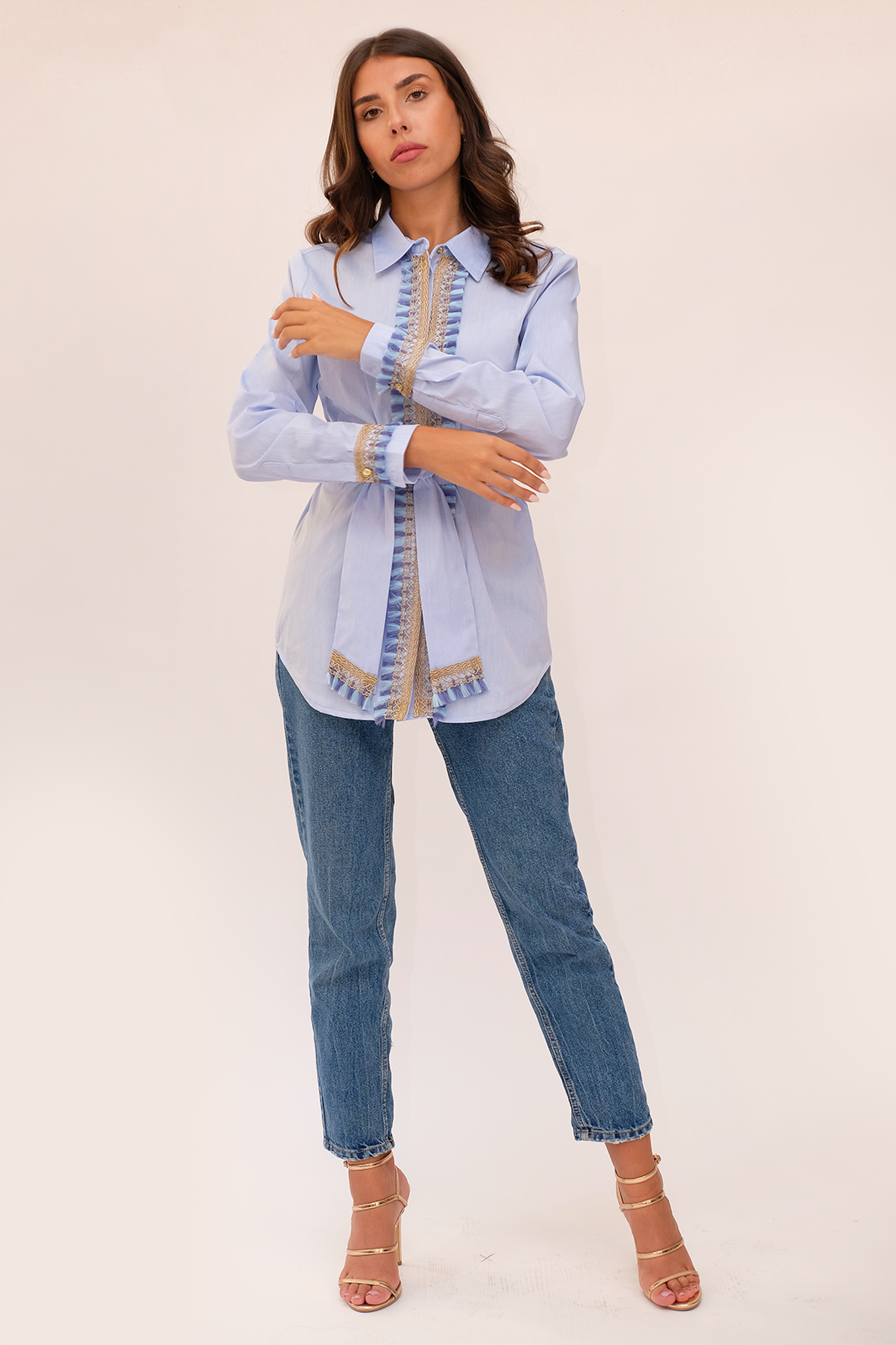 Powder Blue Trim-Detailed Waist-Tie Blouse