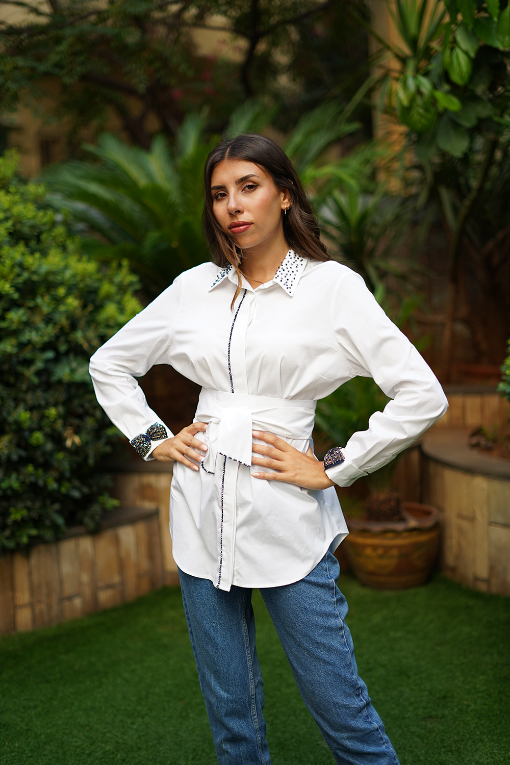 Belted Shirt with ribbon sleeves